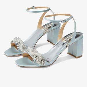 Badgley Mischka Clara Ankle Strap Pearl Jeweled Embellished Satin Dress Sandals